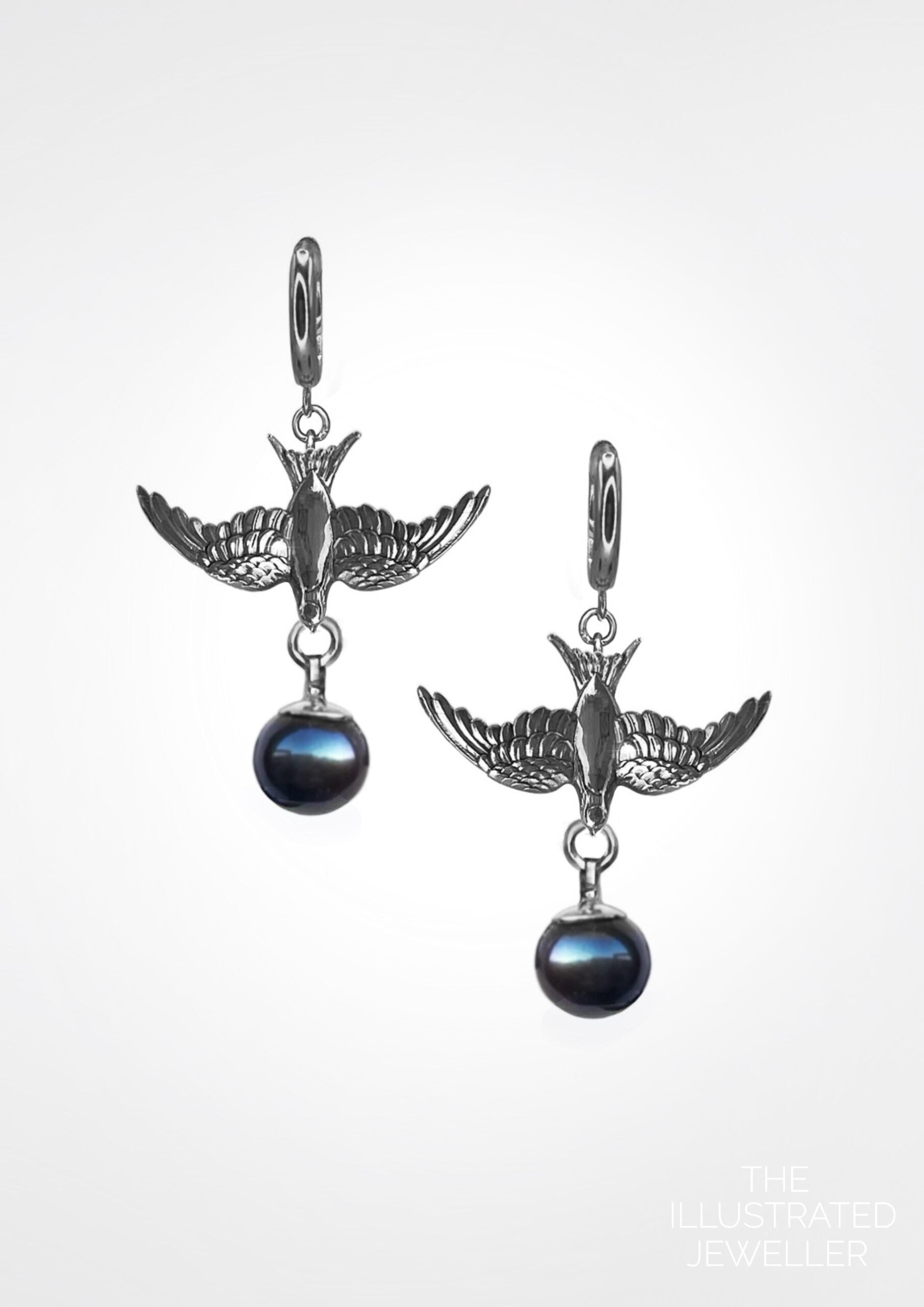 Small Swallow Earrings With Pearl Charms, white Gold