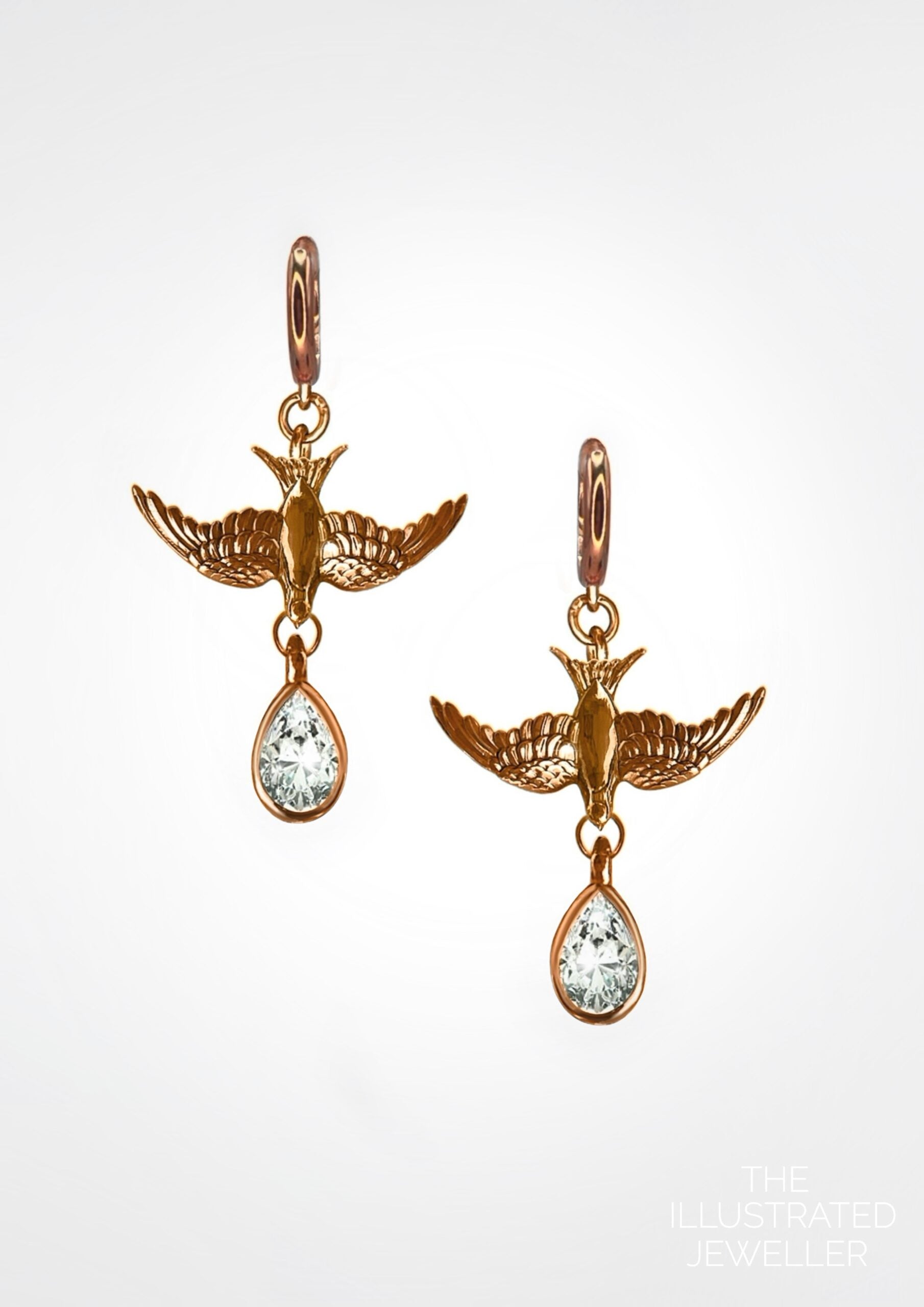 Safe Return Swallow Earrings On Huggie clicker hoop, Rose Gold