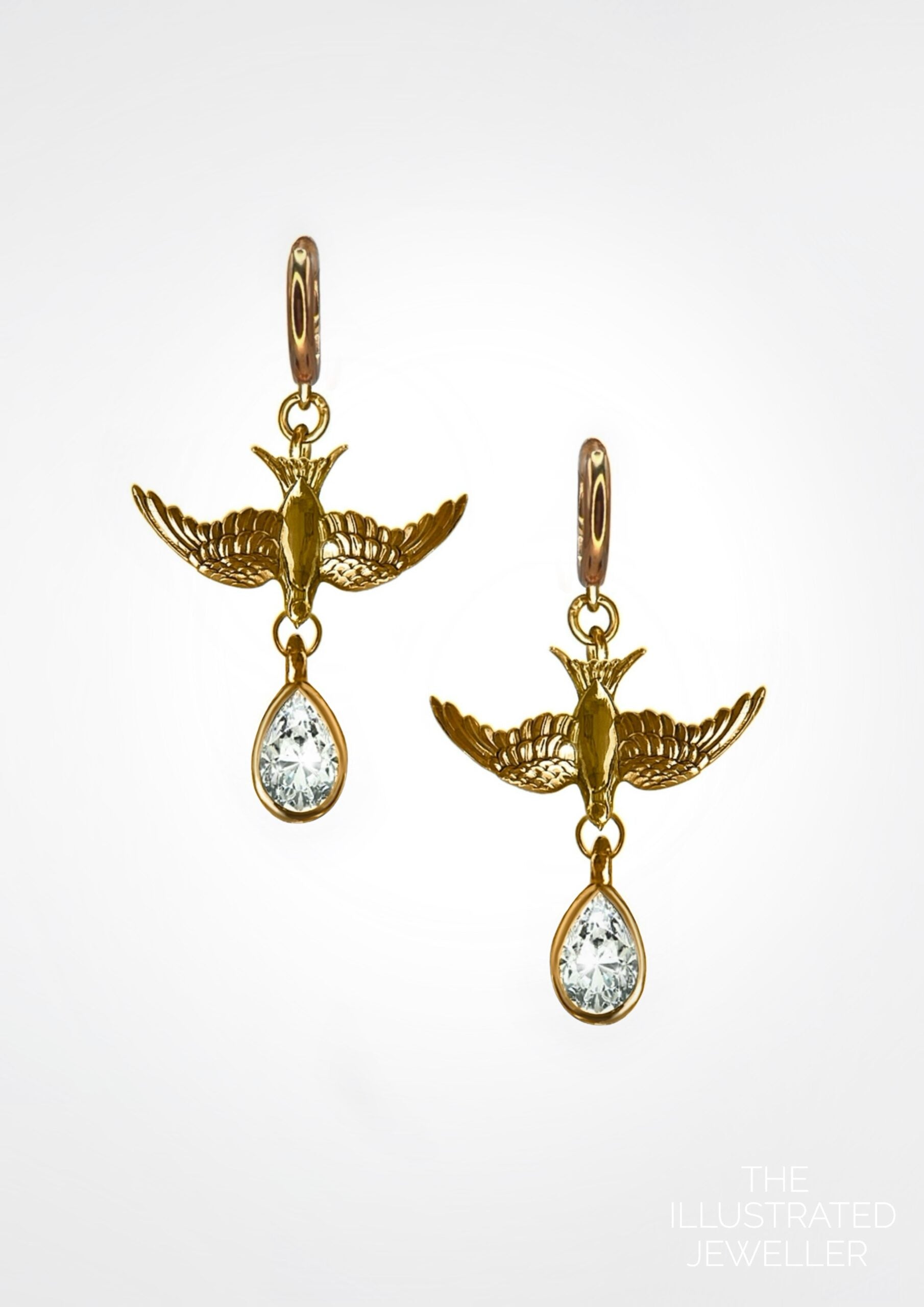 Medium Swallow & Teardrop CZ Charm Huggie Hoop – 18ct Gold Vermeil on Silver