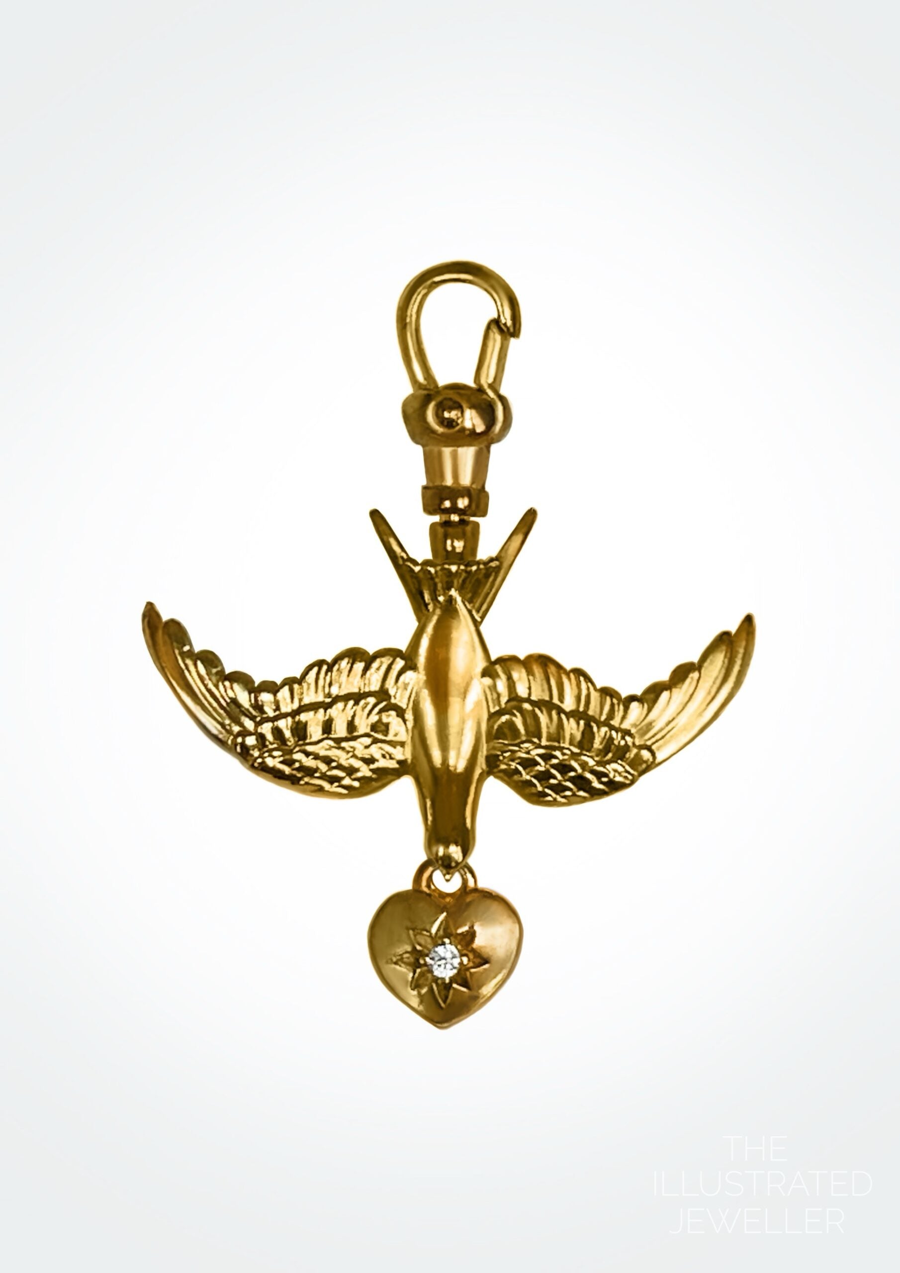 “Safe return” Golden Swallow Charm with Heart Drop and Diamond Starburst