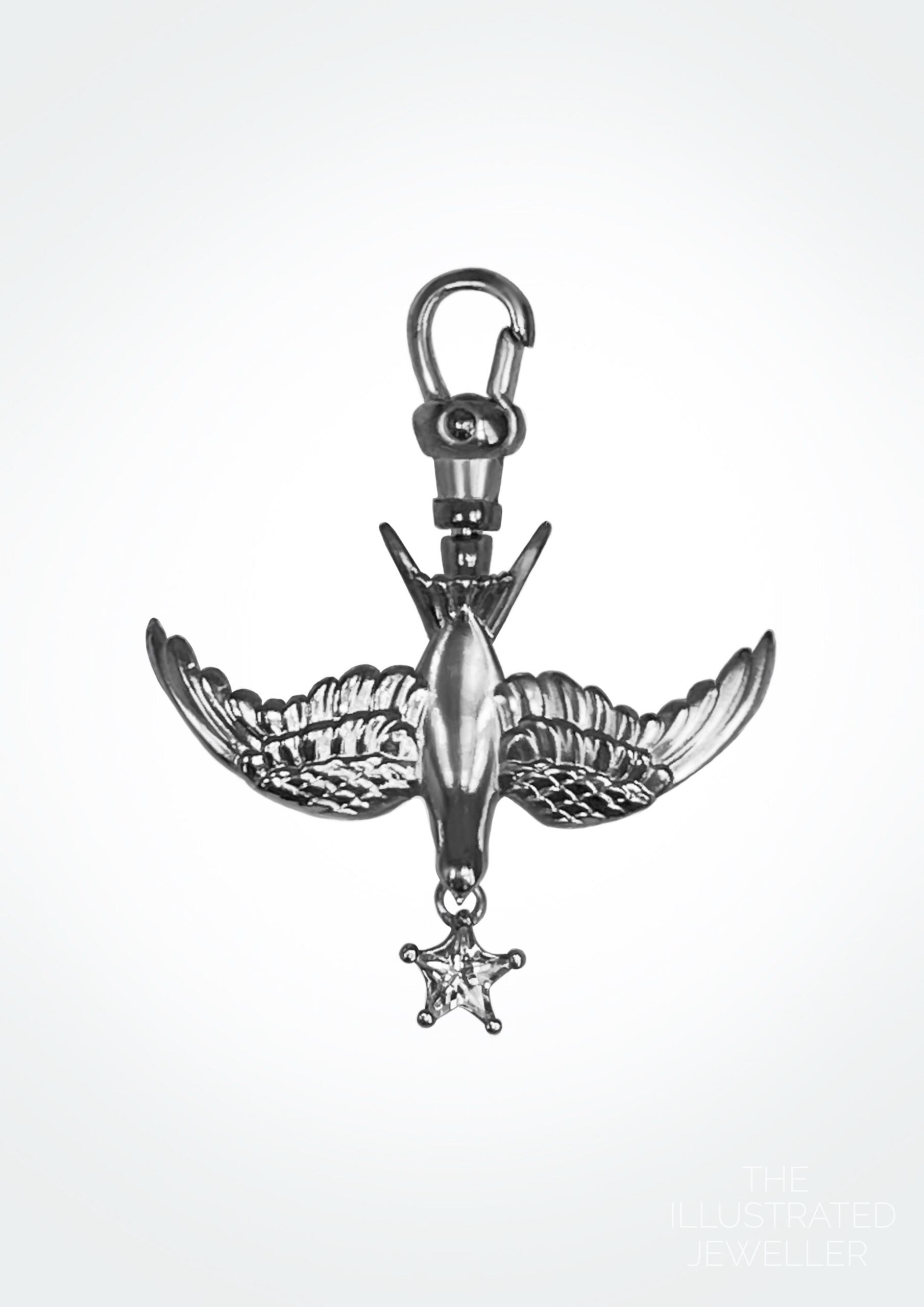 “Safe return” Silver Swallow Charm with Heart-Cut CZ Dropl
