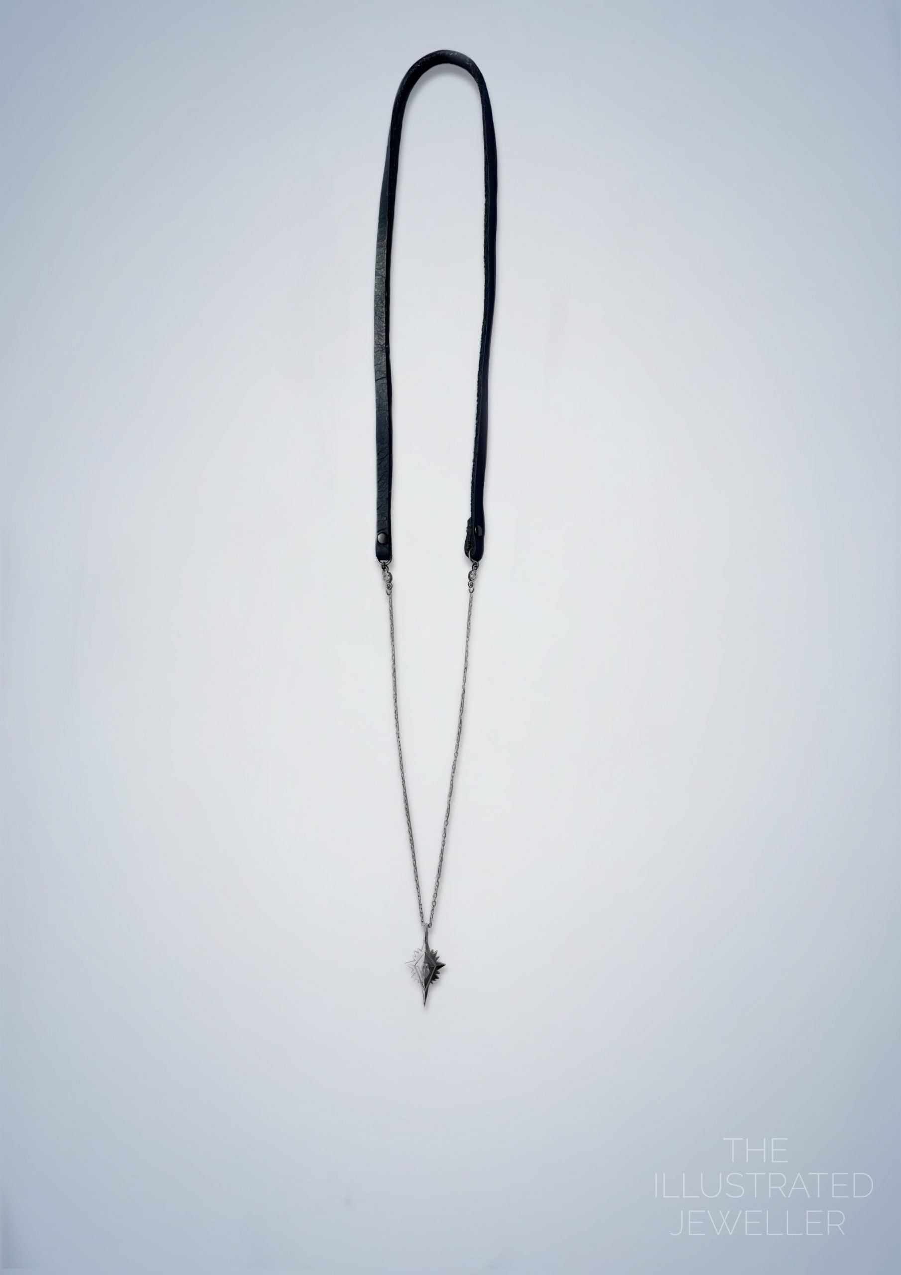 Northern star silver necklace, leather strap, LONG trace chain