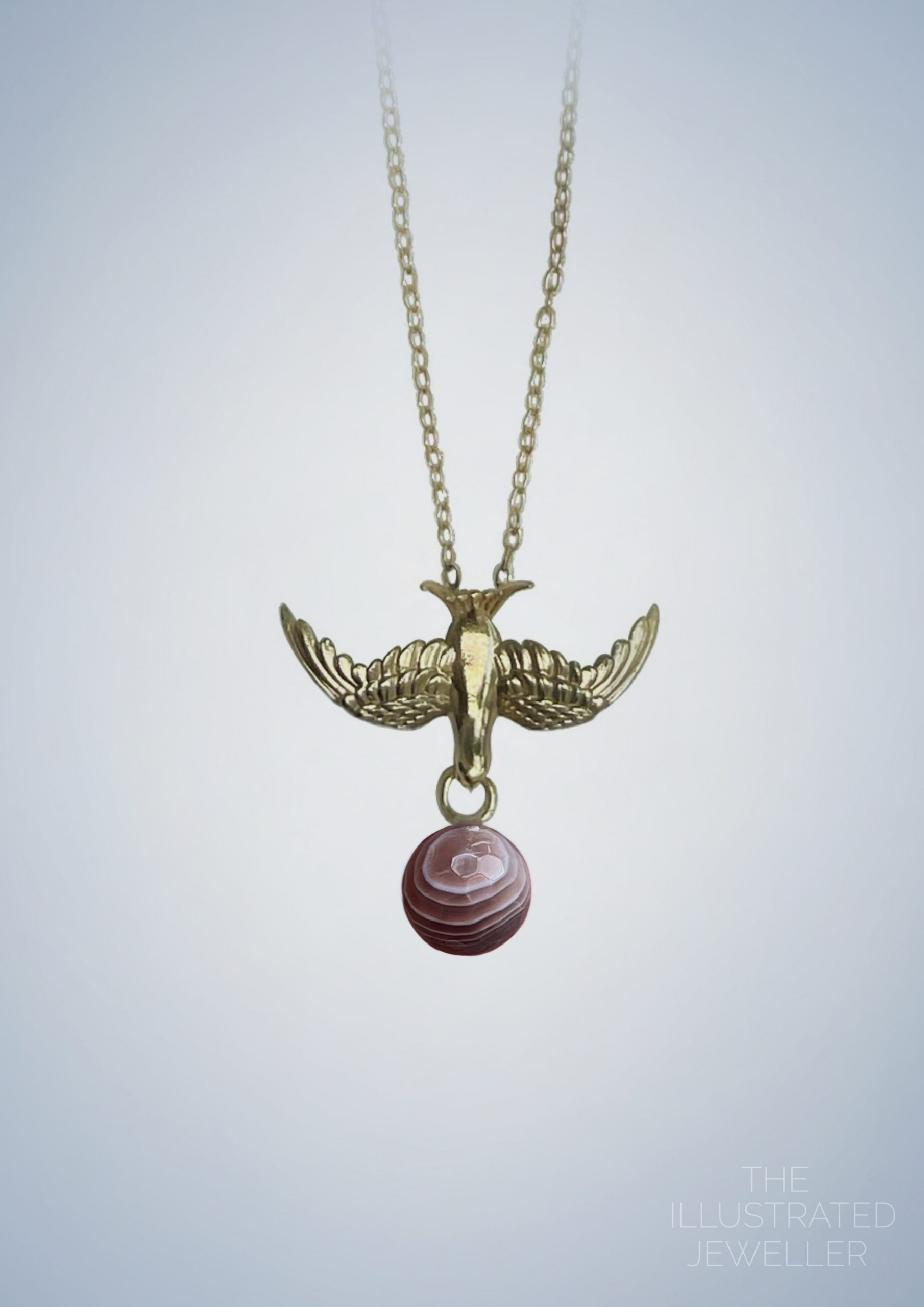 Gold swallow pendant, Botswana agate gemstone, ultra thin trace chain