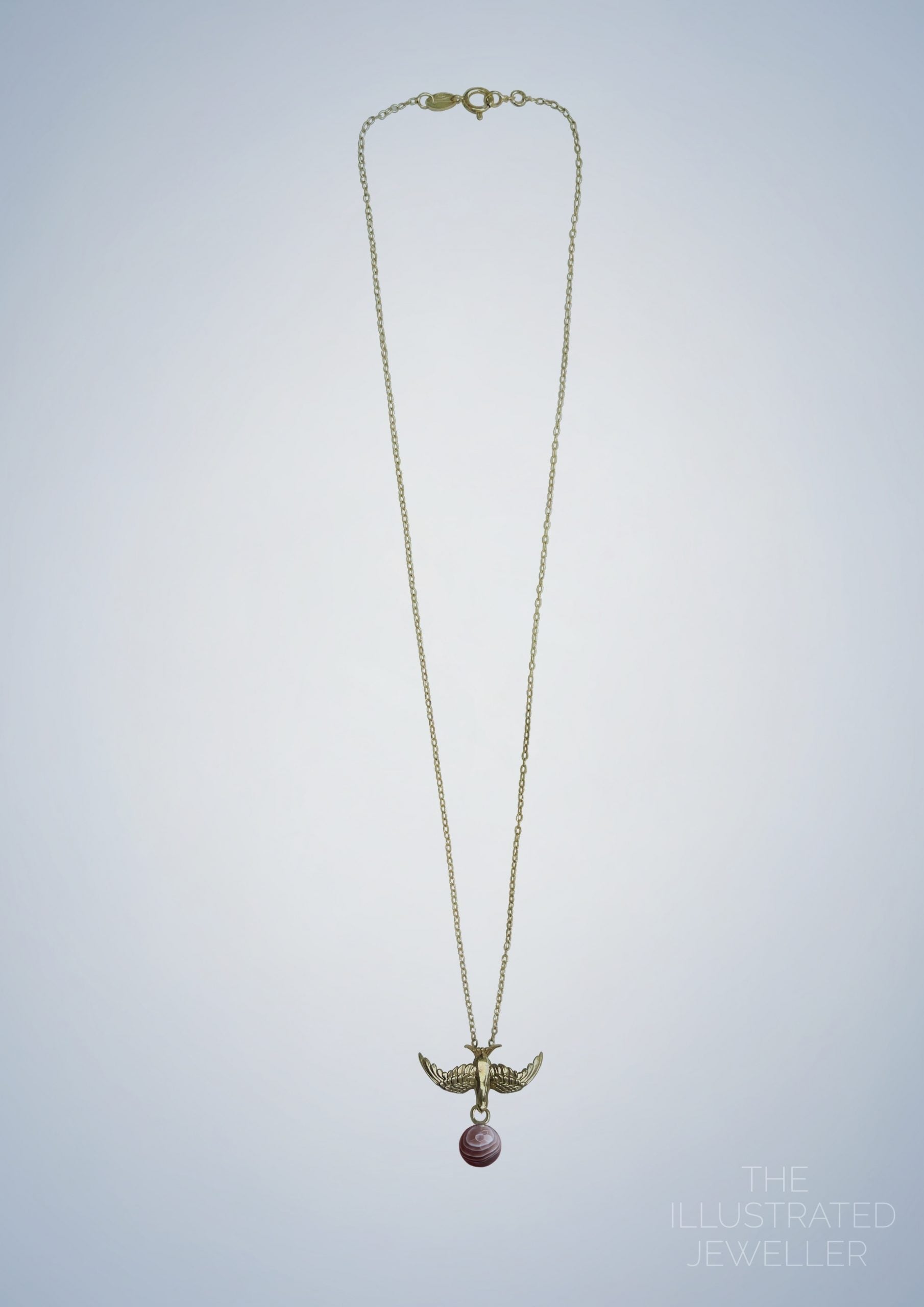 Gold swallow pendant, Botswana agate gemstone, ultra thin trace chain