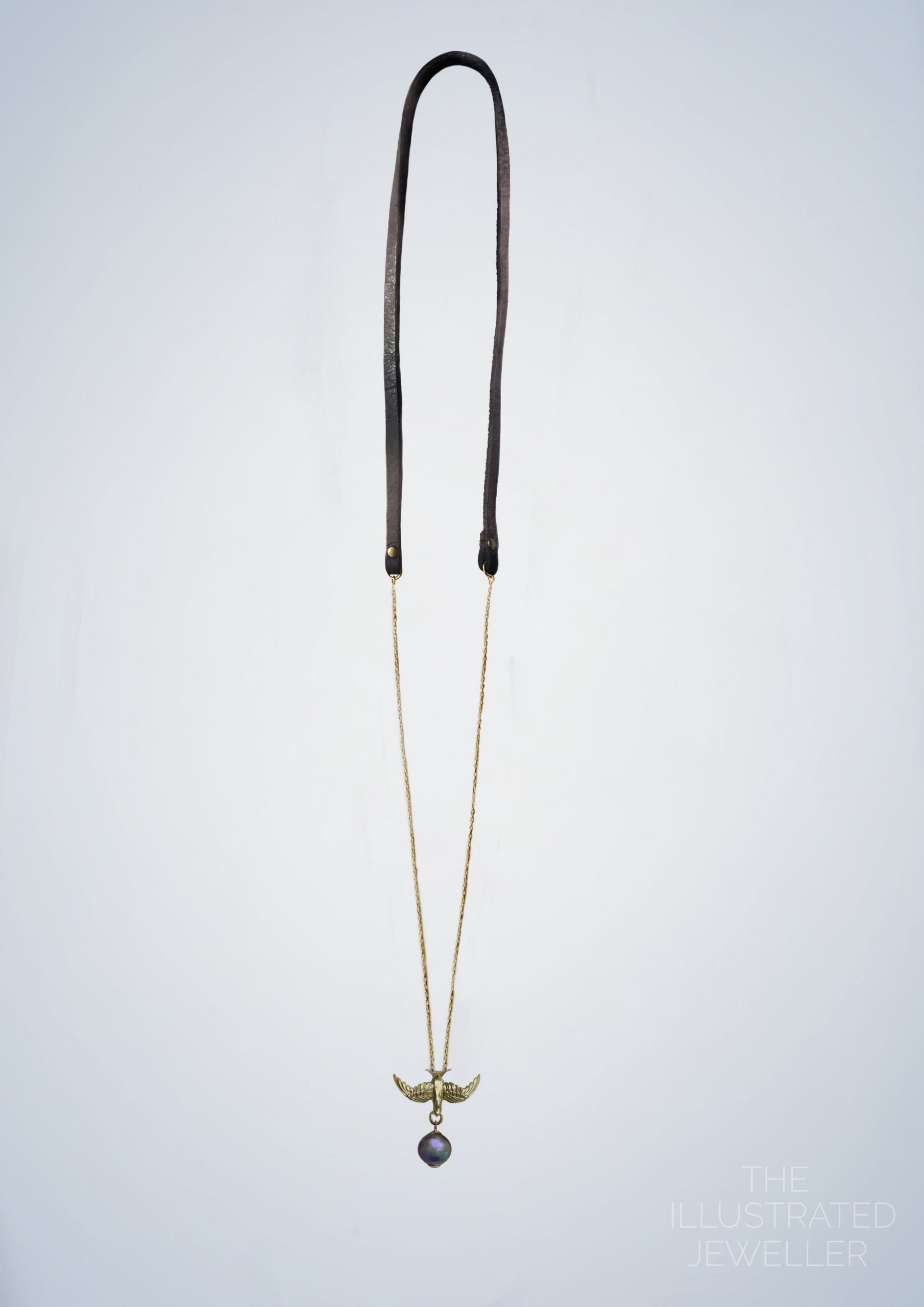 Gold Swallow pendant with pearl, Leather Strap, Ultra Thin Trace Chain