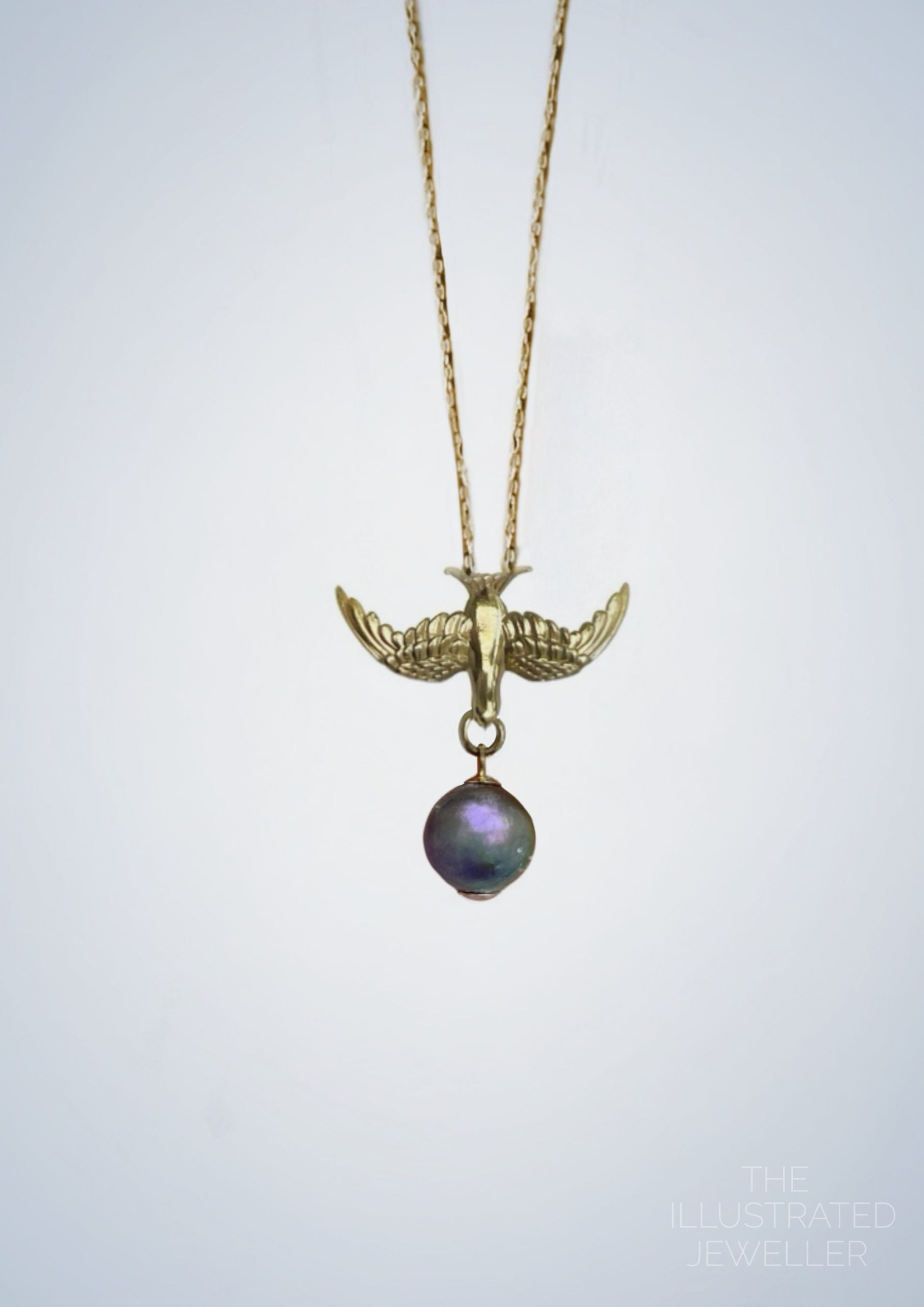 Gold Swallow pendant with pearl, Leather Strap, Ultra Thin Trace Chain