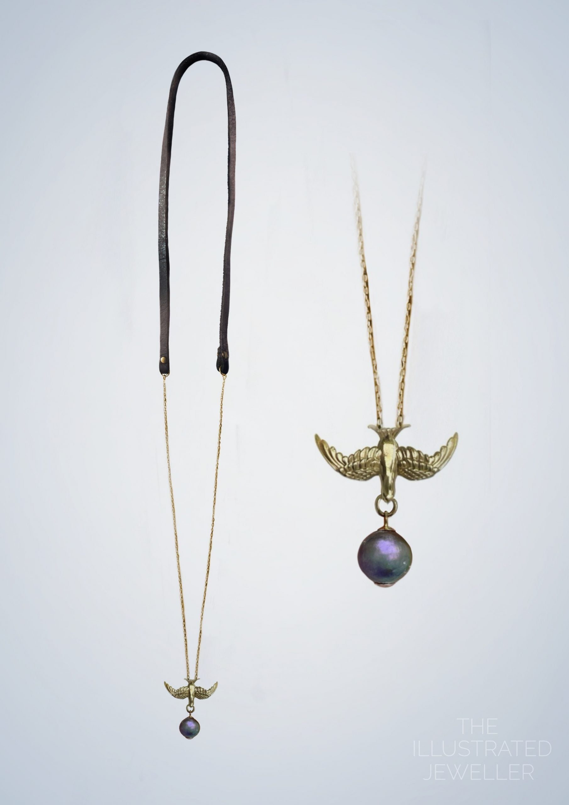 Gold Swallow pendant with pearl, Leather Strap, Ultra Thin Trace Chain