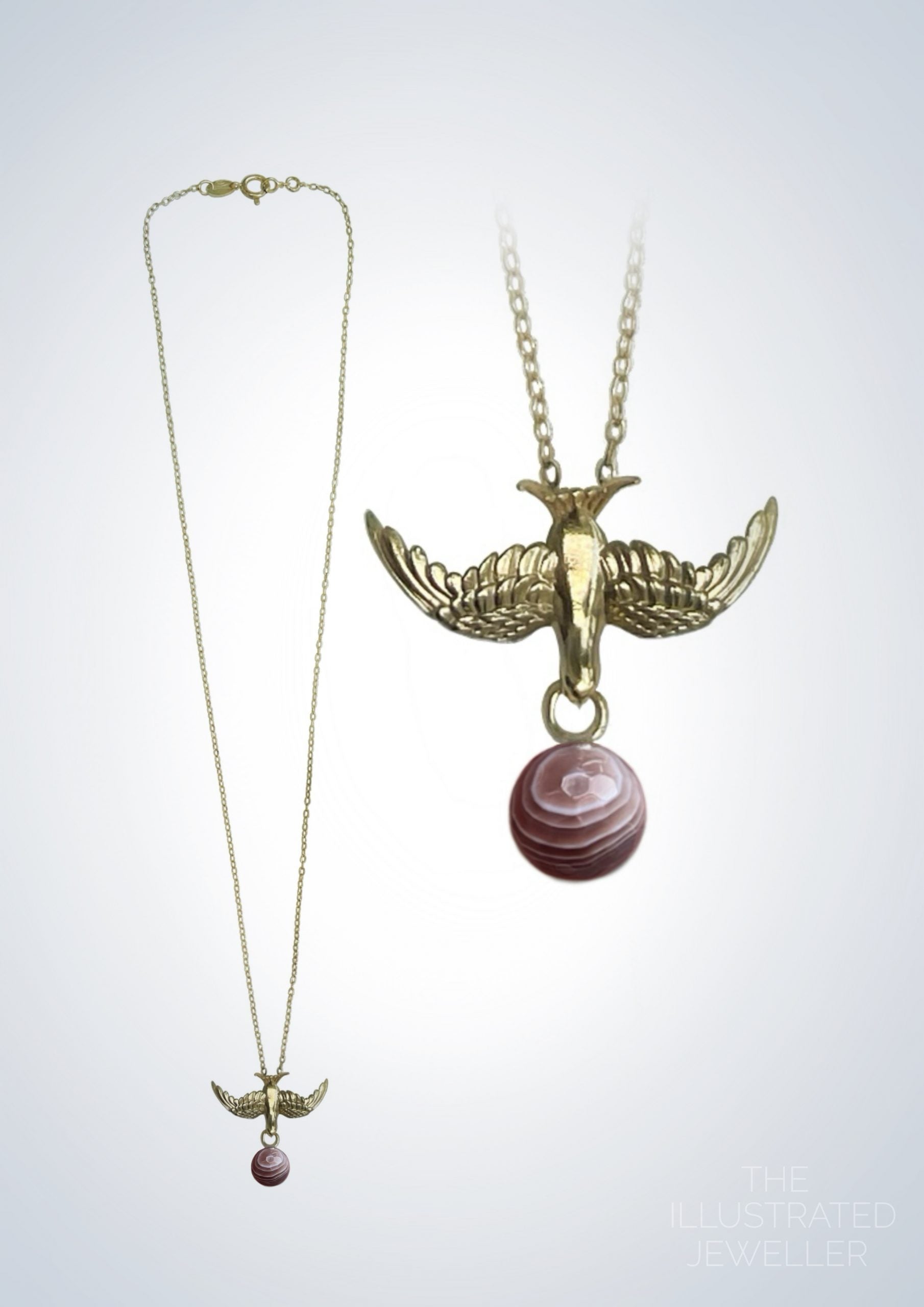 Gold swallow pendant, Botswana agate gemstone, ultra thin trace chain