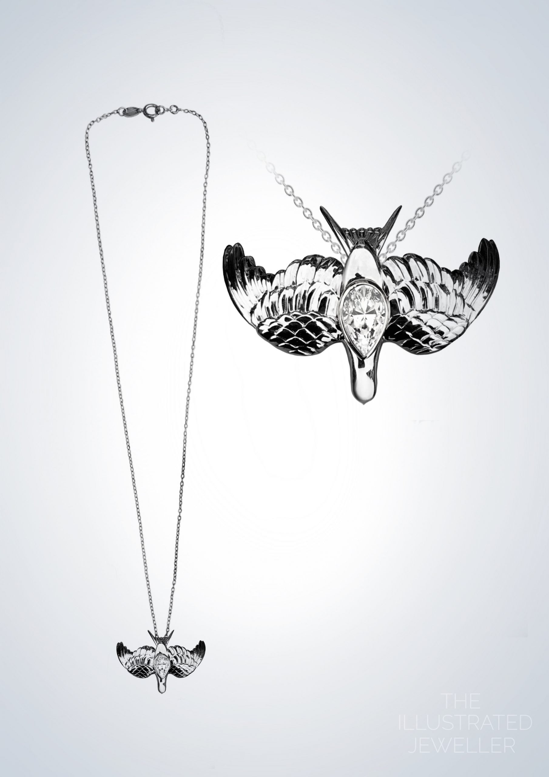 Silver swallow pendant with pear cubic zirconia, ultra thin trace chain