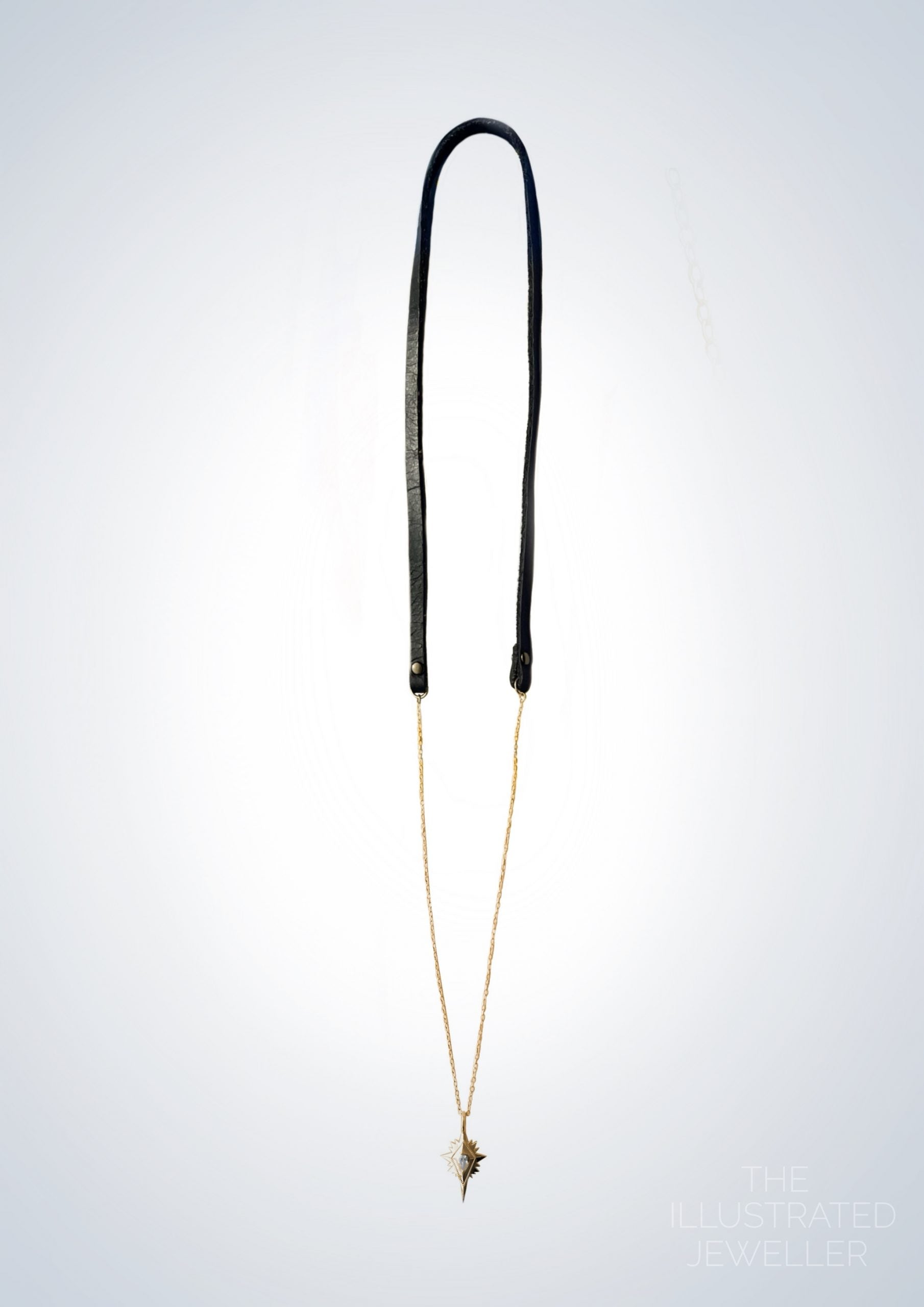 Gold northern Star pendant, Leather Strap, LONG Trace Chain