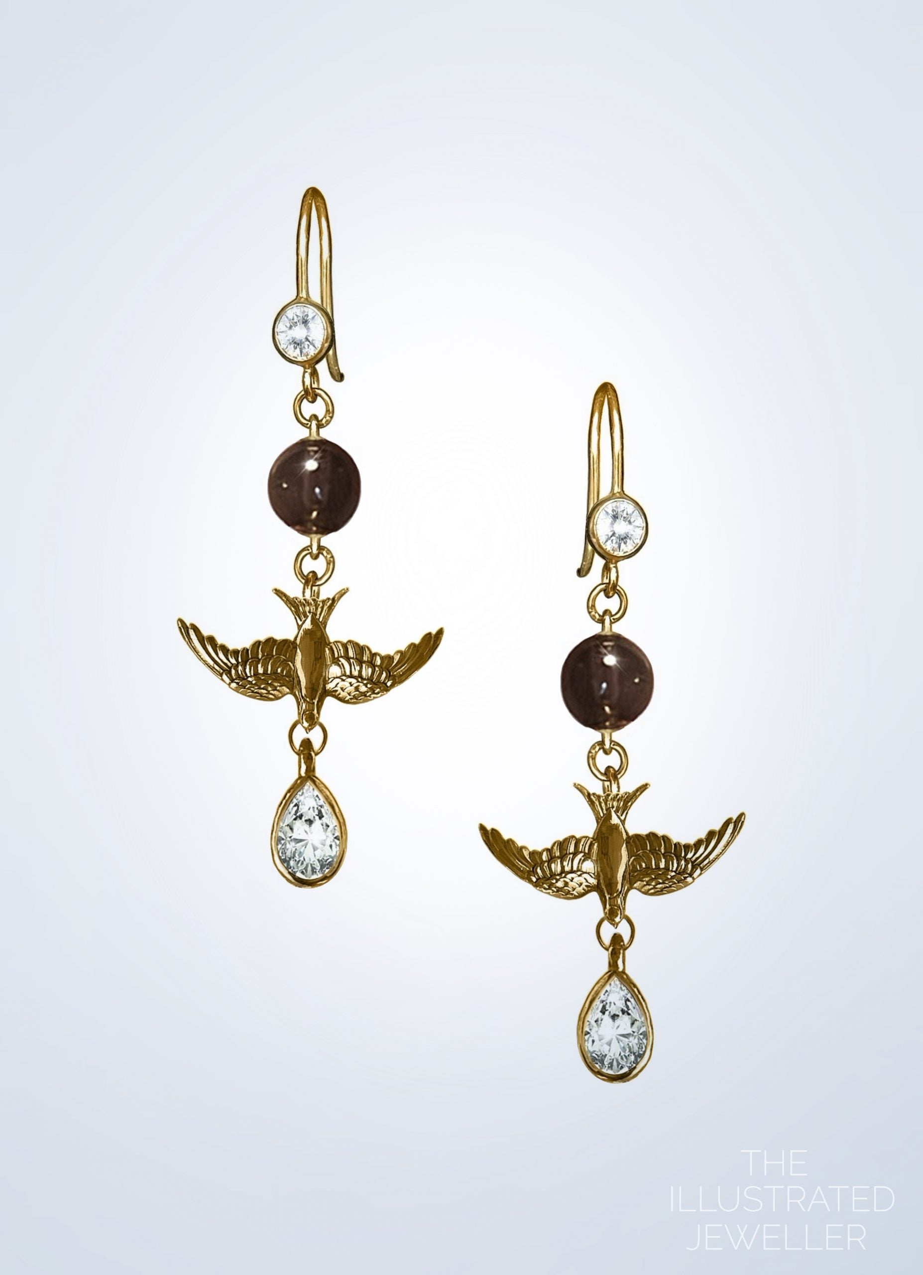 Small gold swallow earrings, with smoky quartz and pear charm