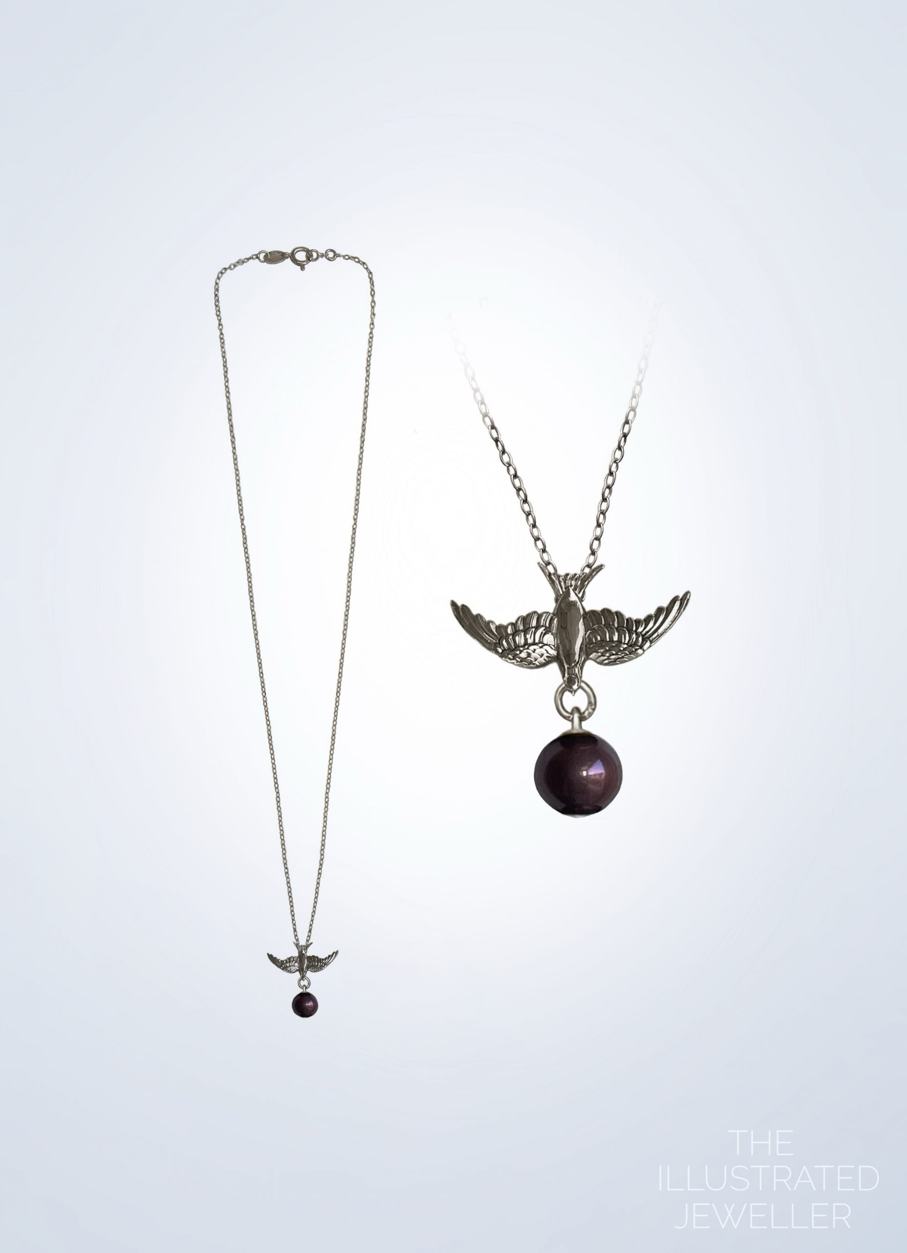 Small Silver Swallow Pendant, With Chocolate Pearl, Ultra Thin Trace Chain