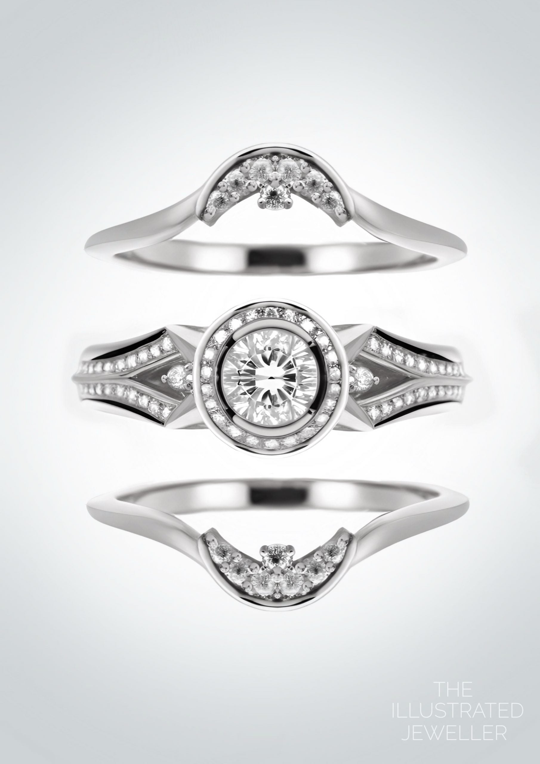 Moon and stars diamond bridal stack, white gold