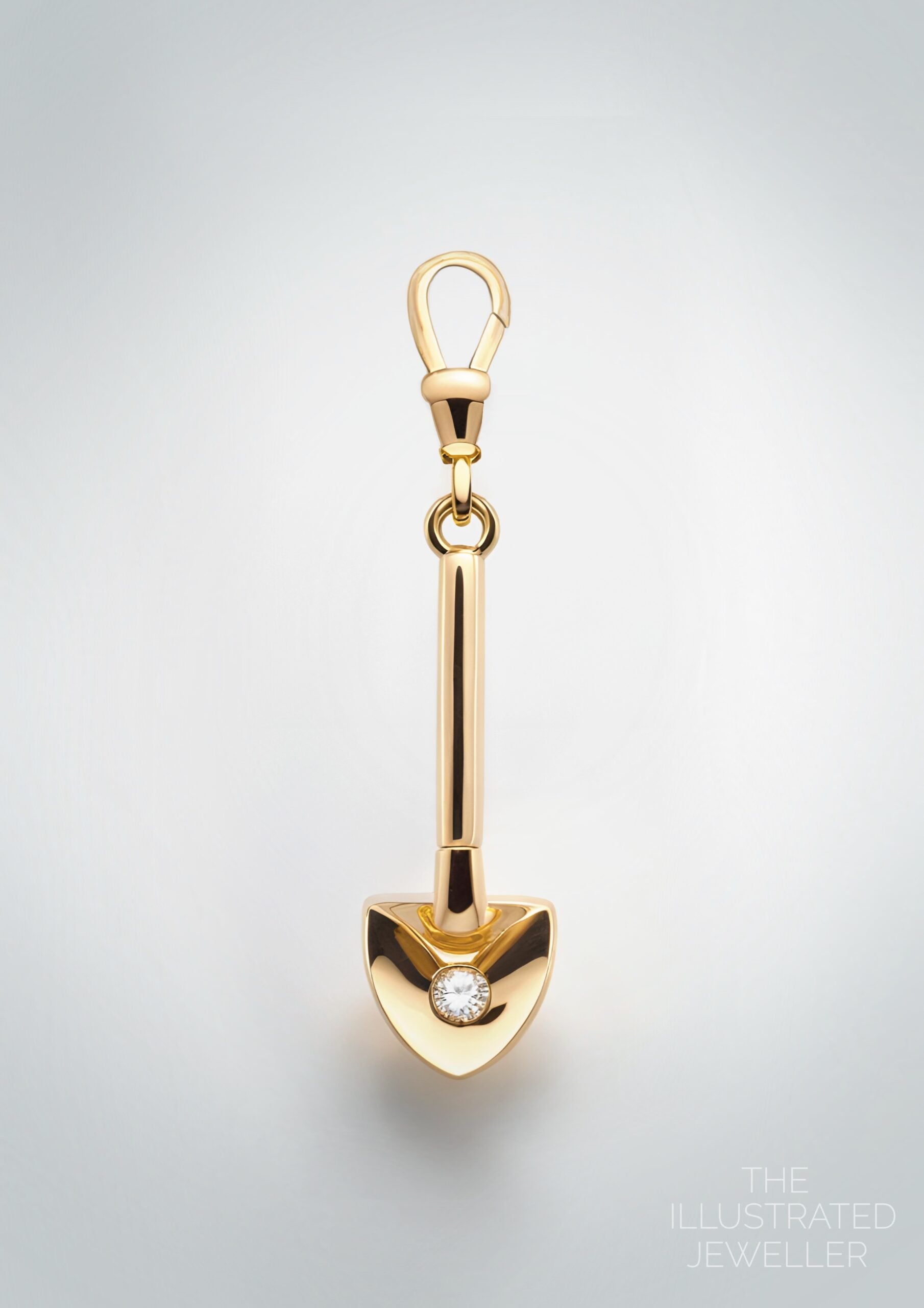 Ibiza gold digger charm - gold spade pendant on white background, available in silver, gold vermeil, or solid gold with raw diamond