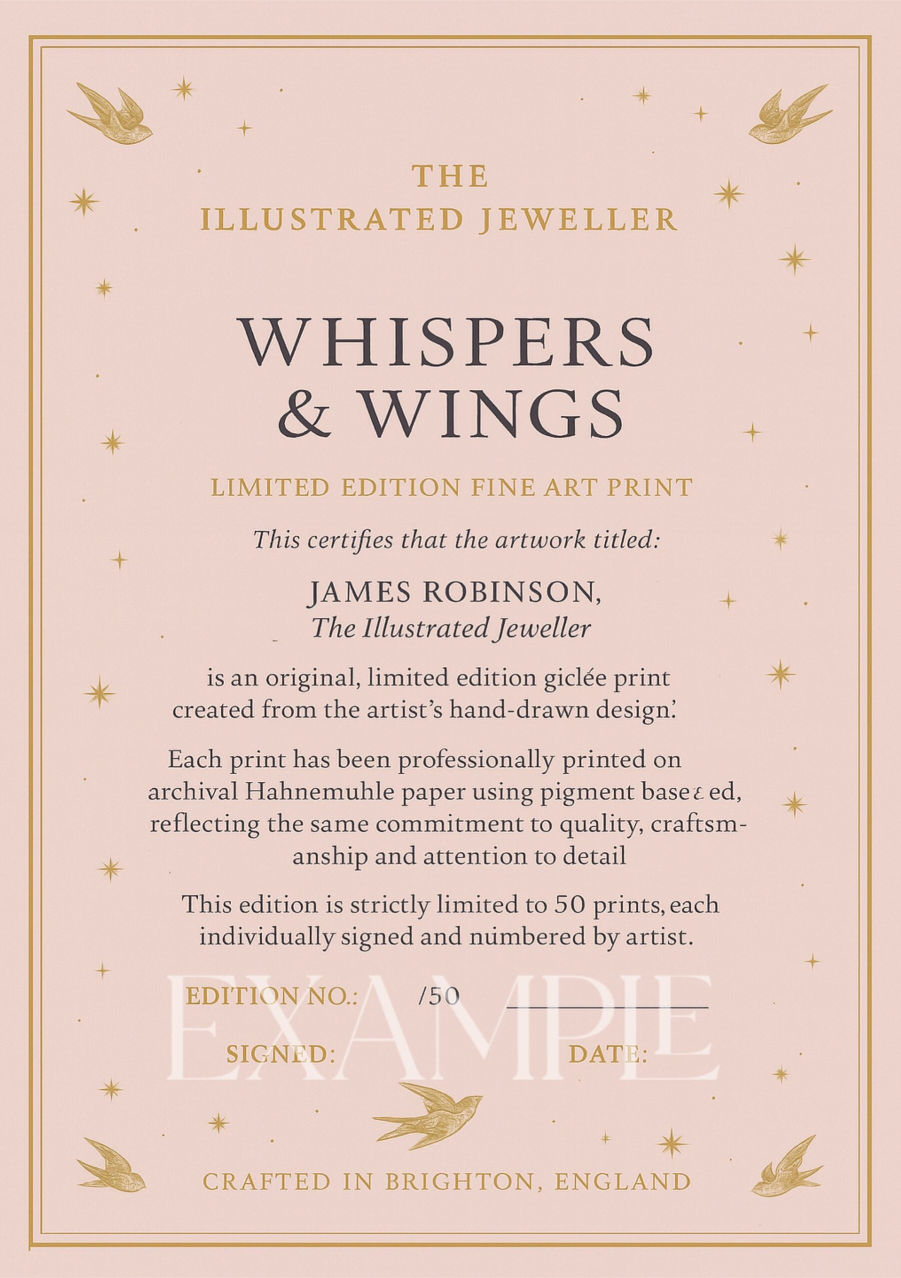Certificate of authenticity for the “Whispers & Wings” limited edition fine art print by James Robinson, The Illustrated Jeweller.