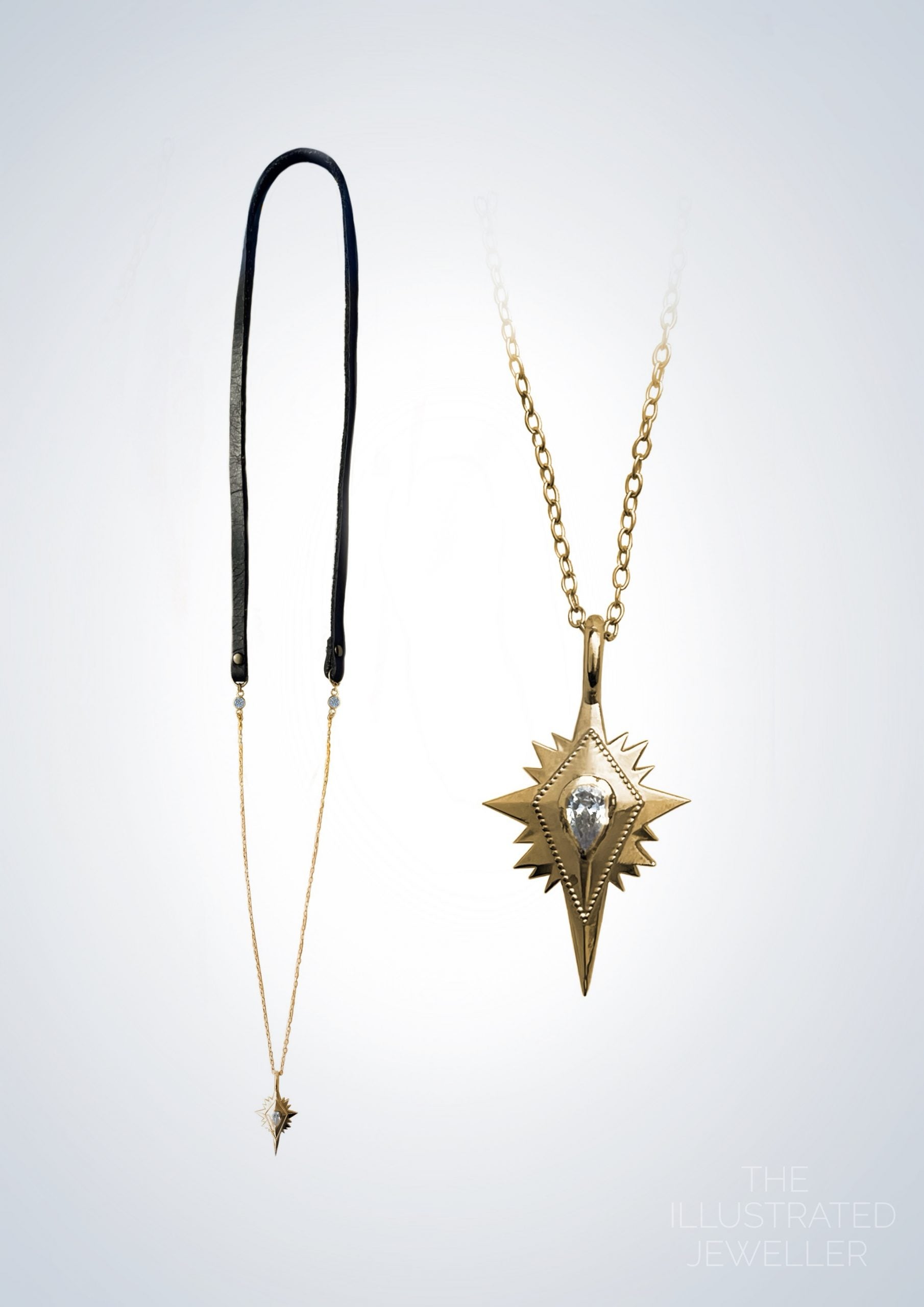 Gold northern Star pendant, Leather Strap, LONG Trace Chain