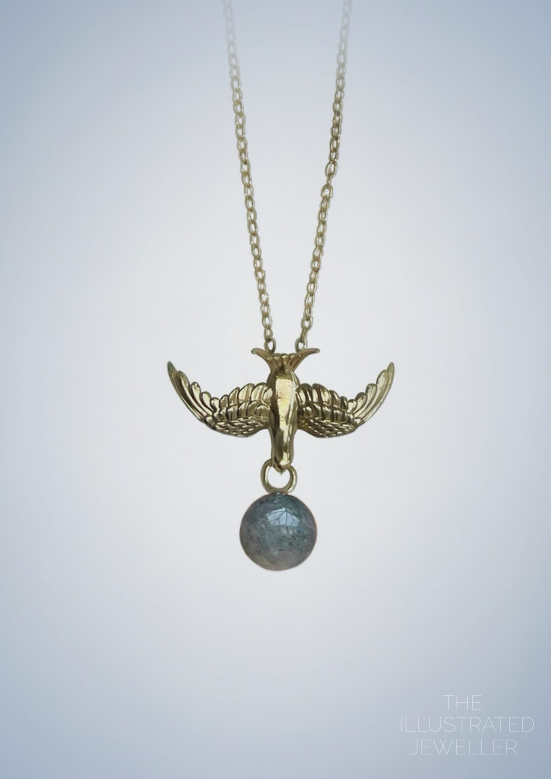 Gold swallow pendant, moss agate gemstone, ultra thin trace chain