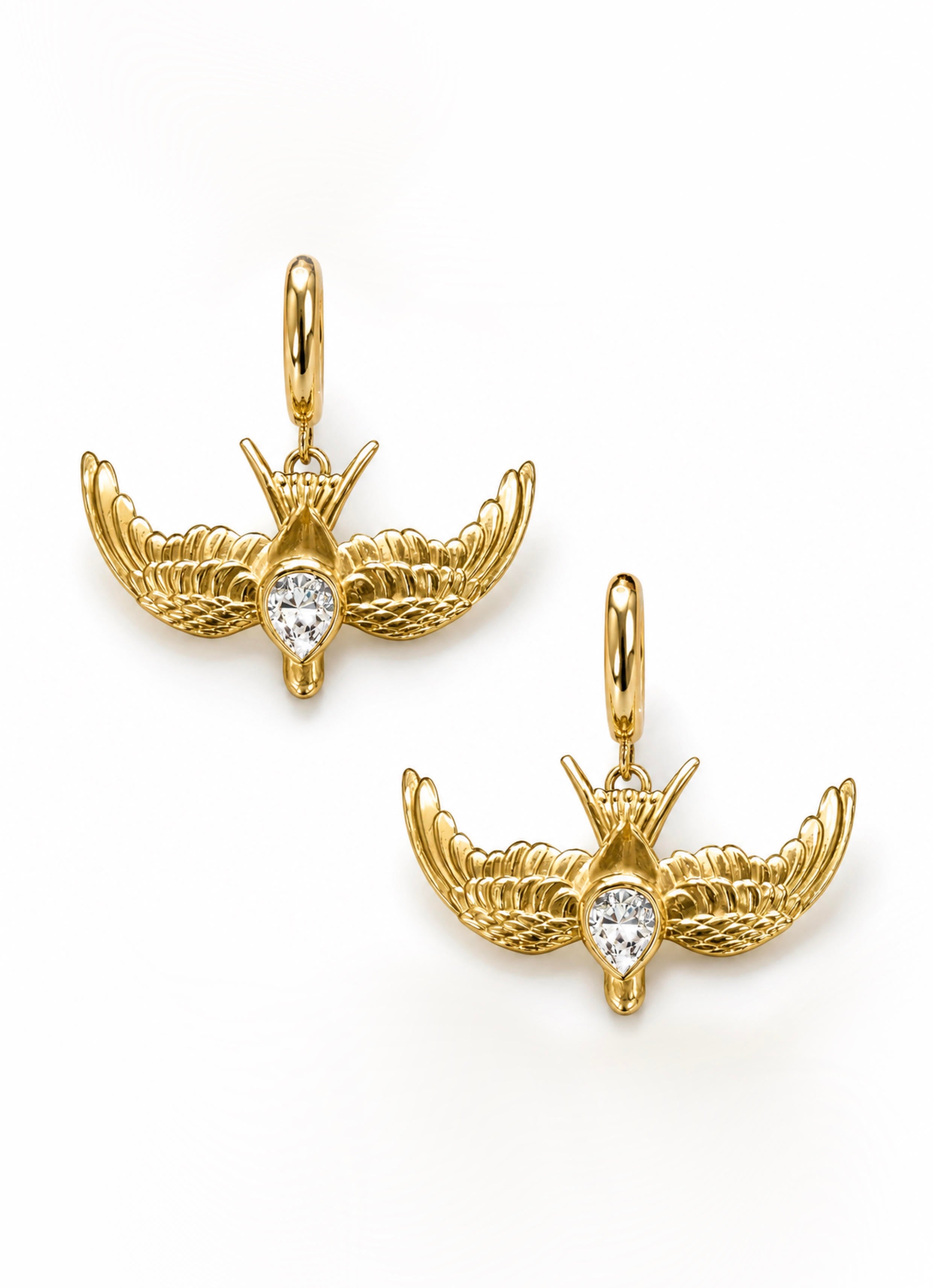 Large Swallow Diamond Huggie Hoop Drop Earrings