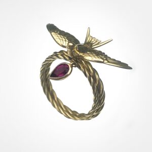 “taking flight” swallow bird ring with twisted rope diamond charm yellow gold