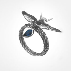 “Taking flight” single swallow with “slim ship rope band” pear gemstone, White gold