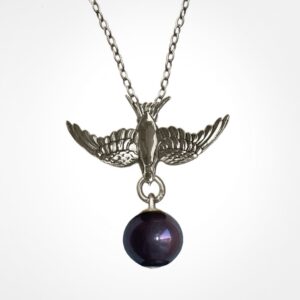 Small swallow pendant with Pearl charm, white gold