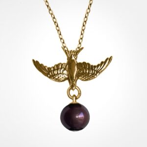Swallow Pendant Necklace – 18ct Gold Vermeil with Chocolate Pearl on Fine Trace Chain