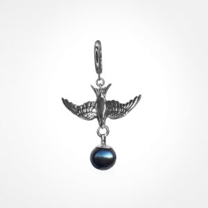 Small swallow earring with pearl charm, white gold (single)