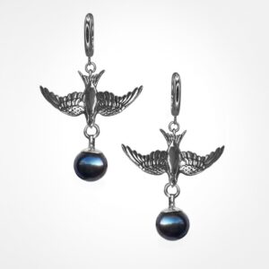 Small Swallow Earrings With Pearl Charms, white Gold