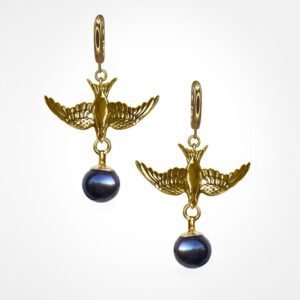 Small Swallow Earrings With Pearl Charms, Yellow Gold