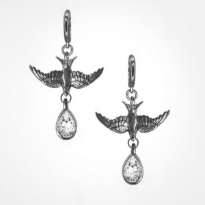 Safe Return Swallow Earrings, On Huggie clicker hoop, White Gold (pair)