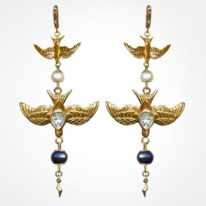 Swallow Cocktail Drop Earrings – Gold Vermeil with Pear CZ, Pearls & Lightning Bolt Charms