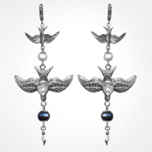 double swallow diamond & pearl cocktail earrings, white gold