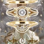 Yellow gold celestial ring set with diamond centrepiece and constellation-inspired details