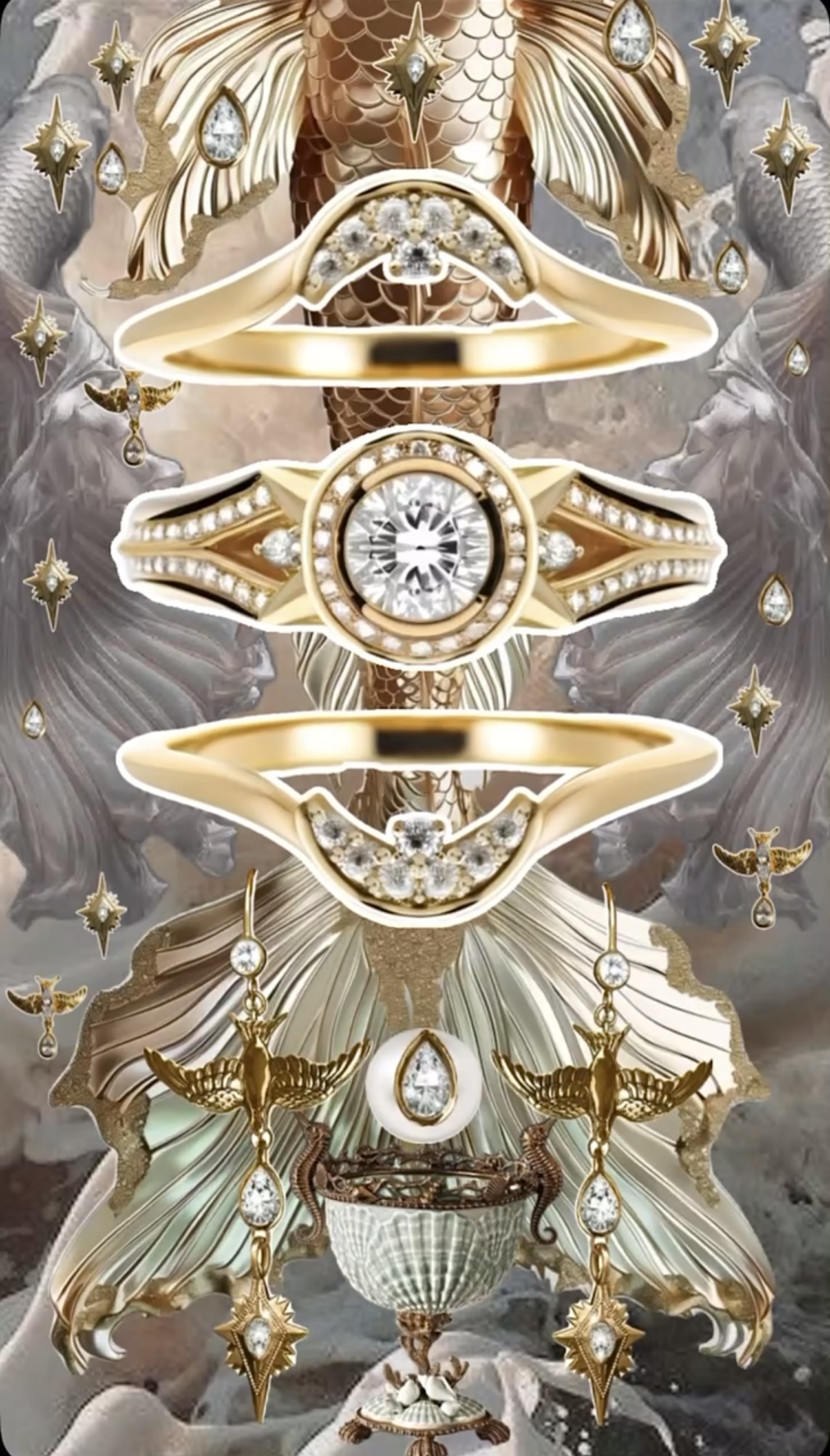 Yellow gold celestial ring set with diamond centrepiece and constellation-inspired details