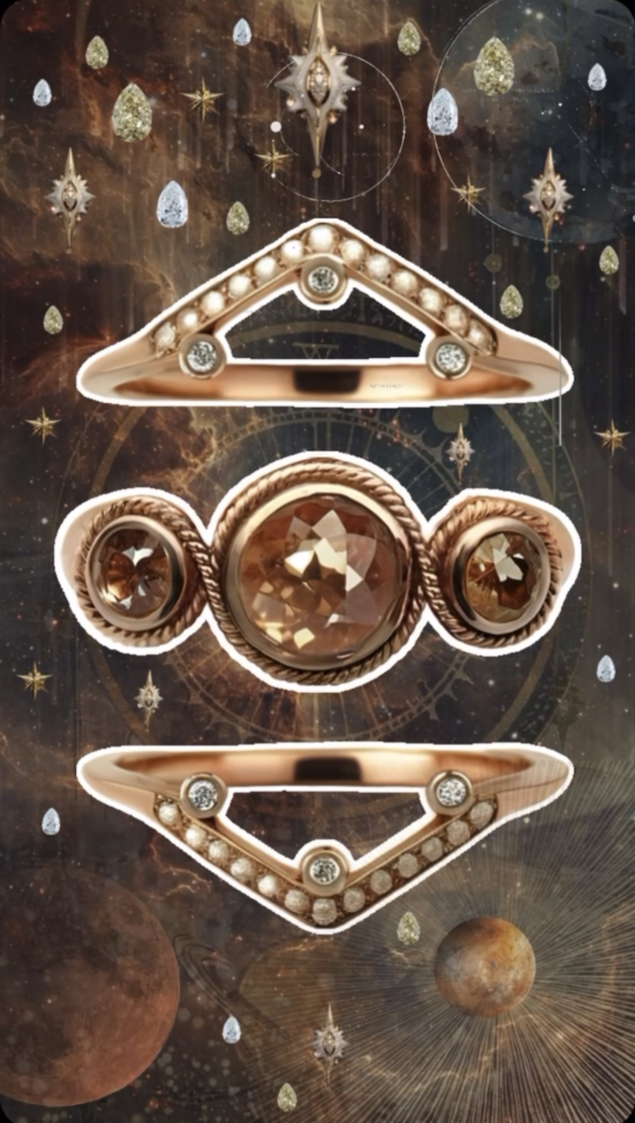 Rose gold smoky quartz and diamond ring set with matching contour bands