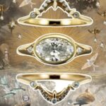 Gold and diamond stackable rings with celestial marine collage background
