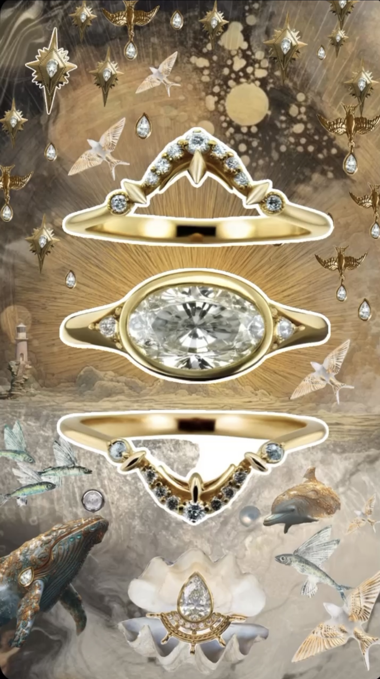 Stackable engagement Ring Collection with Celestial Collage Gold and diamond stackable rings with celestial marine collage background