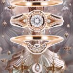 Rose gold diamond engagement ring set with celestial contour bands and earring charms