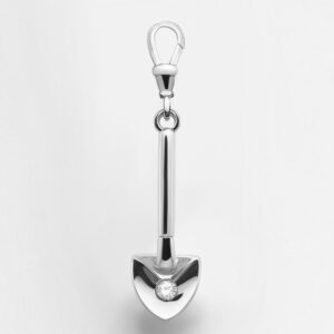 Ibiza gold digger charm - gold spade pendant on white background, available in silver, gold vermeil, or solid gold with raw diamond