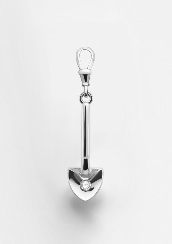 Ibiza gold digger charm - gold spade pendant on white background, available in silver, gold vermeil, or solid gold with raw diamond