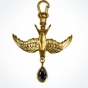 “Safe Return” Golden Swallow with black spinel pear gemstone charm