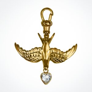 “Safe return” Golden Swallow Charm with Heart-Cut CZ Drop