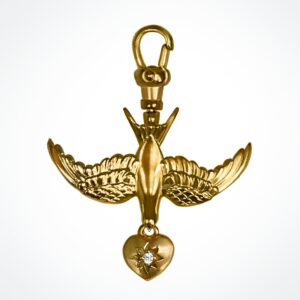 “Safe return” Golden Swallow Charm with Heart Drop and Diamond Starburst
