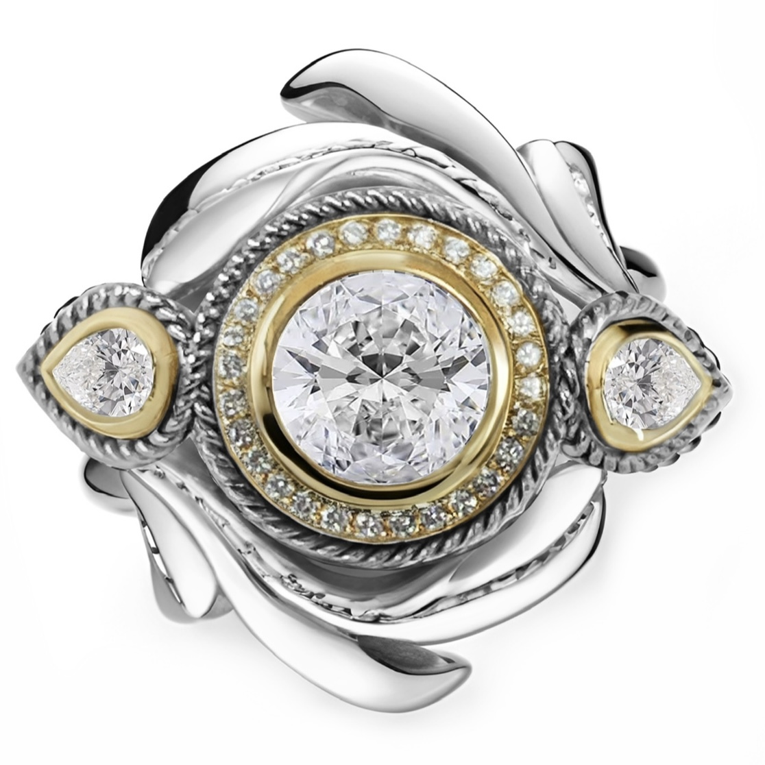 Bi-metal Seaweed Ring – Organic sculptural ring crafted in yellow gold, white gold, and diamonds.