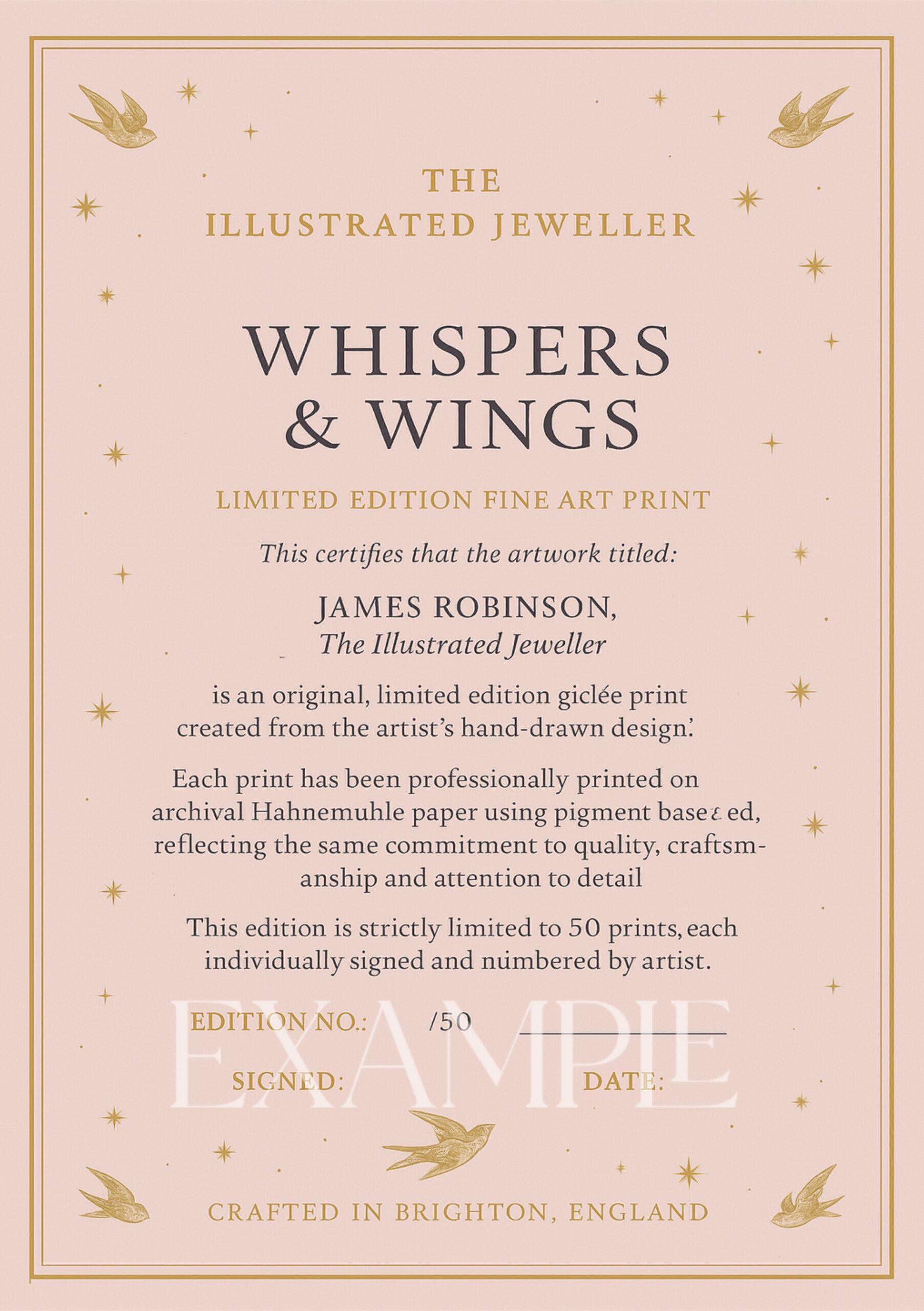 Whispers & Wings – Limited Edition Certificate Certificate of authenticity for the “Whispers & Wings” limited edition fine art print by James Robinson, The Illustrated Jeweller.