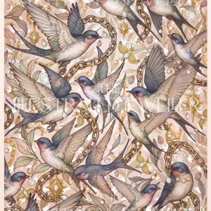 limited edition art print – Whispers and Wings by The Illustrated Jeweller, featuring illustrated swallows, chains, and celestial details