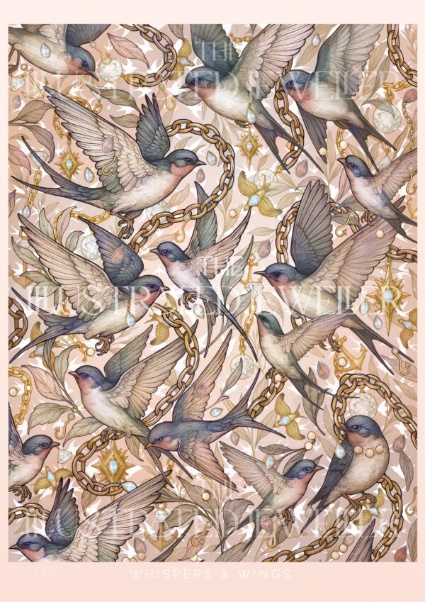 limited edition art print – Whispers and Wings by The Illustrated Jeweller, featuring illustrated swallows, chains, and celestial details